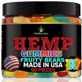 Healthergize Hemp Gummies bottle promotes nighttime calm and freshness.