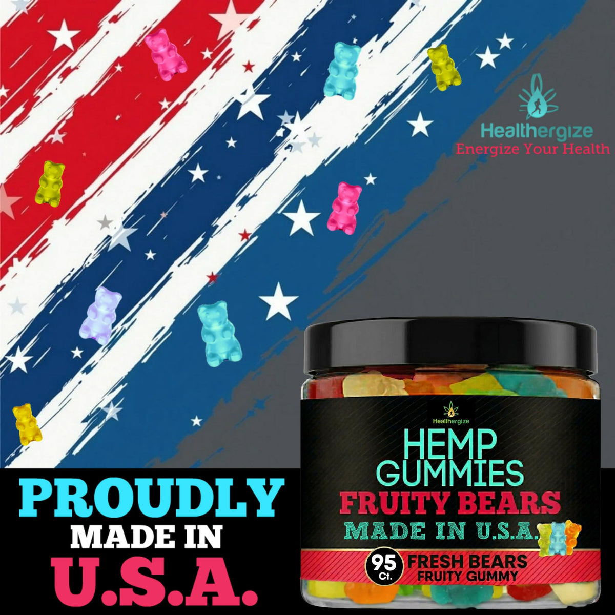 Healthergize hemp gummies USA-made emblem emphasizes domestic production.