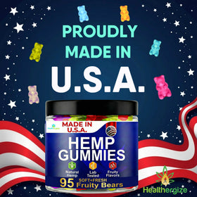 Healthergize hempseed oil gummies close-up, easy to chew after a long day.