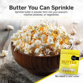 Healthier Comforts Butter Powder on-the-go: portable flavor boost for travel.