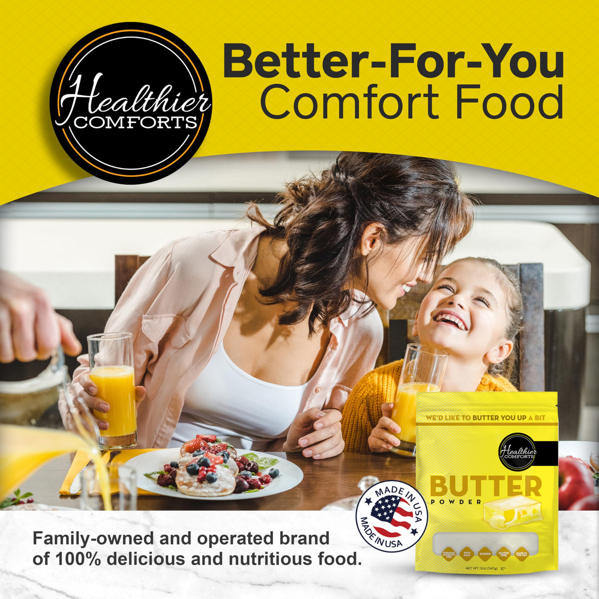 Healthier Comforts Butter Powder resealable bag: convenient storage and freshness.