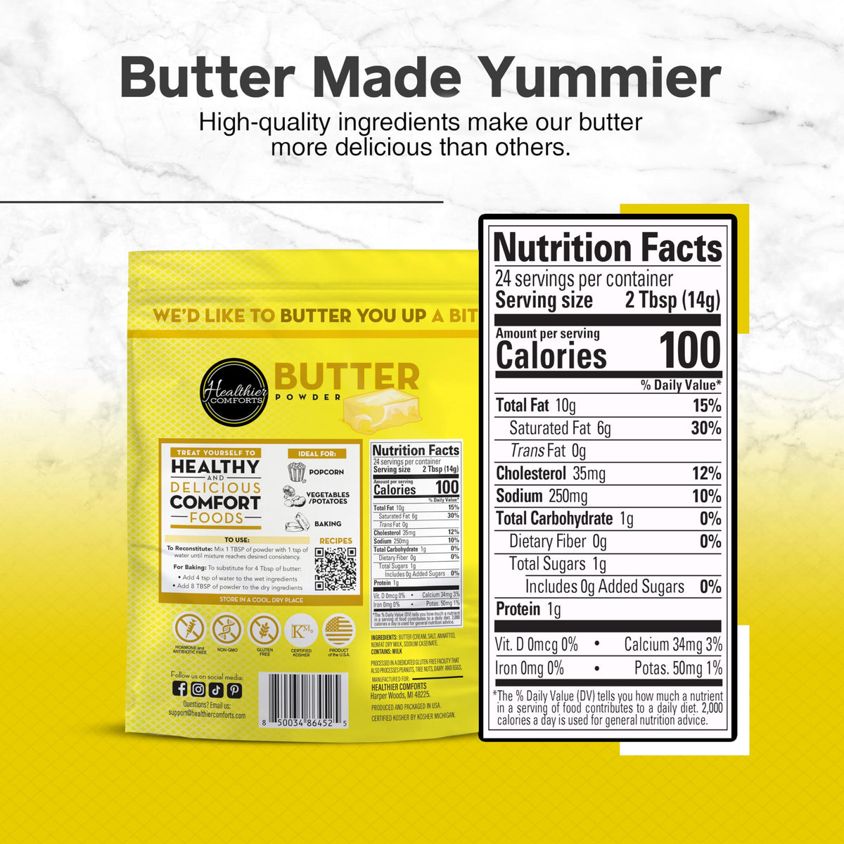 Healthier Comforts Butter Powder on popcorn: movie-night butter flavor.