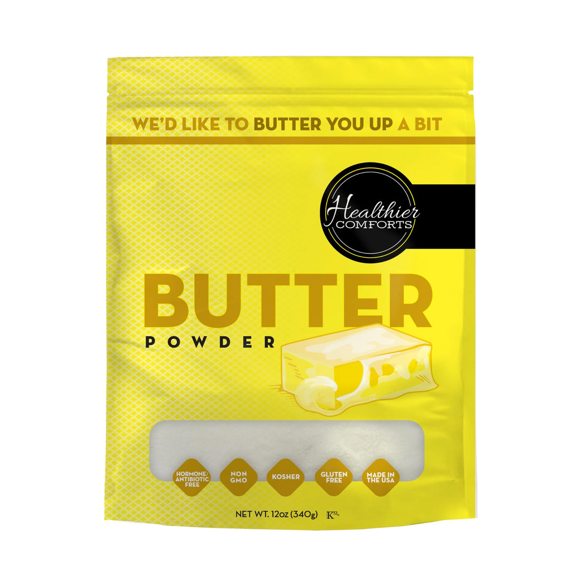 Healthier Comforts Butter Powder pour: rich butter flavor for popcorn and sauces.