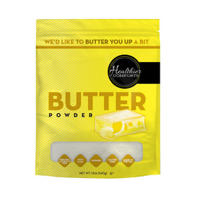 Healthier Comforts Butter Powder pour: rich butter flavor for popcorn and sauces.