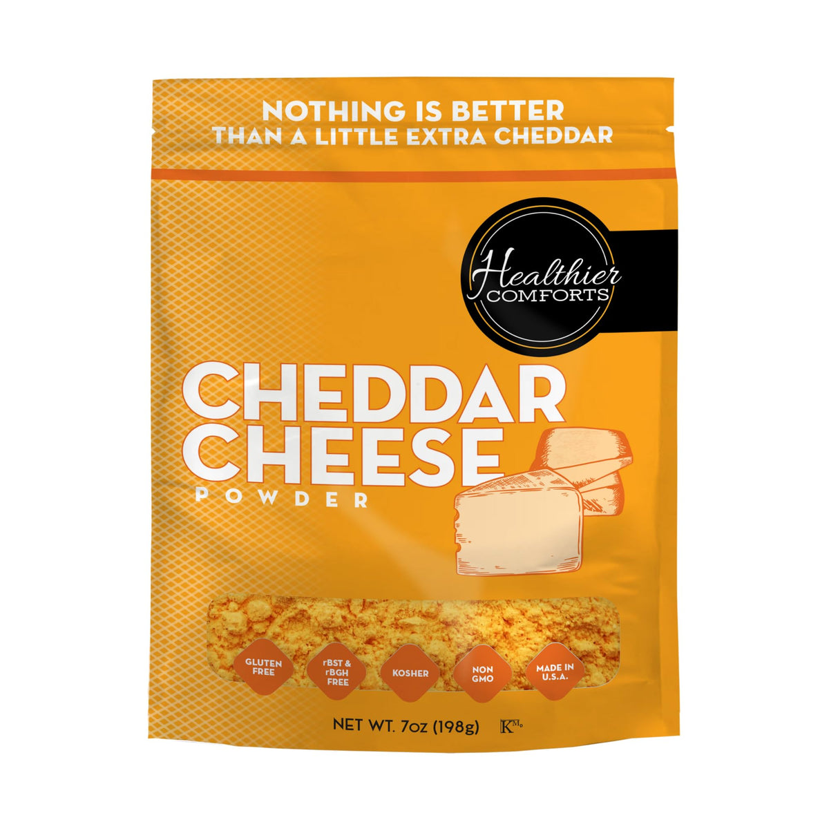 Healthier Comforts Cheddar Cheese Powder 7oz packaging with resealable bag for freshness