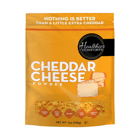 Healthier Comforts Cheddar Cheese Powder 7oz packaging with resealable bag for freshness