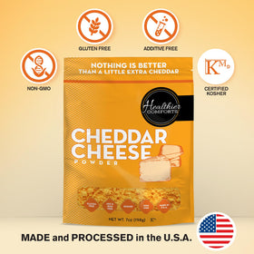 Healthier Comforts cheddar powder being poured to create creamy sauce