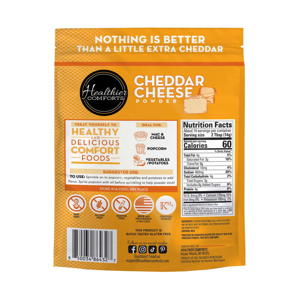  resealable pouch of Healthier Comforts cheddar cheese powder ready for storage