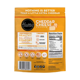  resealable pouch of Healthier Comforts cheddar cheese powder ready for storage