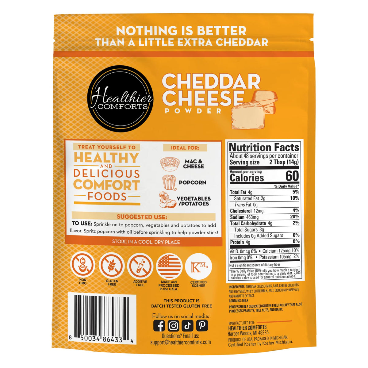 Healthier Comforts cheddar cheese powder bag open ready to scoop for cheesy flavor