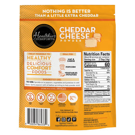 Healthier Comforts cheddar cheese powder bag open ready to scoop for cheesy flavor