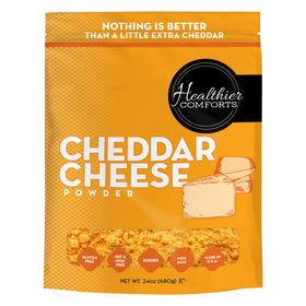 Healthier Comforts cheddar cheese powder front label signaling premium ingredients for versatile cooking