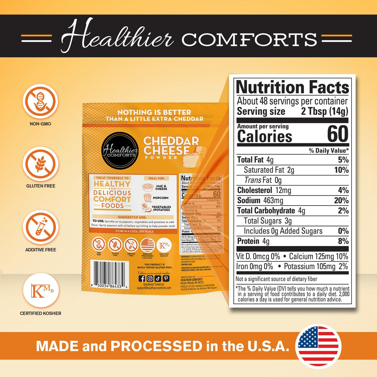 Healthier Comforts cheddar cheese powder packaging highlights kosher and gluten-free claims