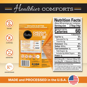 Healthier Comforts cheddar cheese powder packaging highlights kosher and gluten-free claims