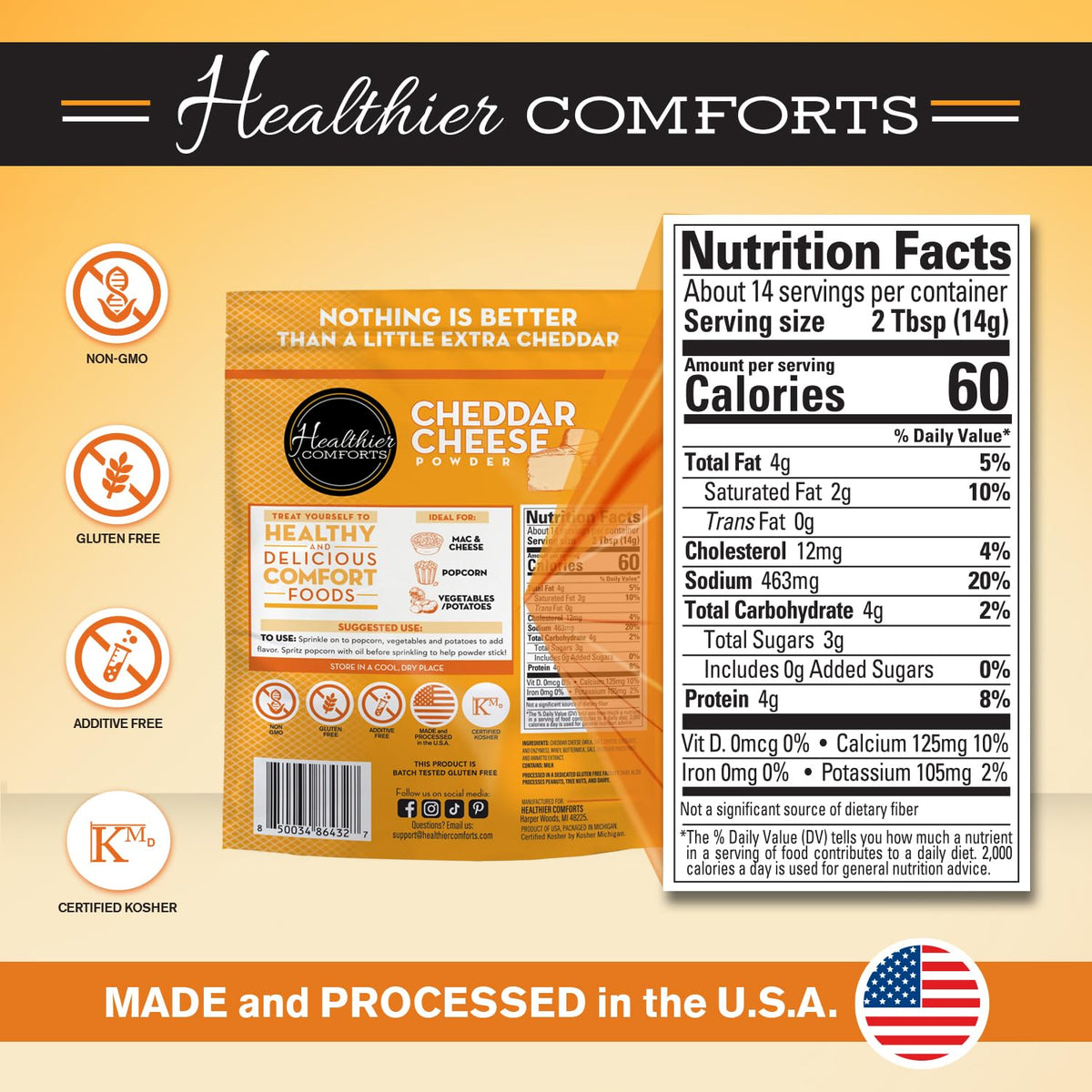 Healthier Comforts cheddar powder on nachos for bold flavor