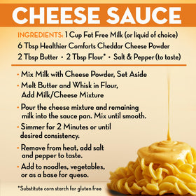Healthier Comforts cheddar powder mixed into gluten-free pasta for rich flavor