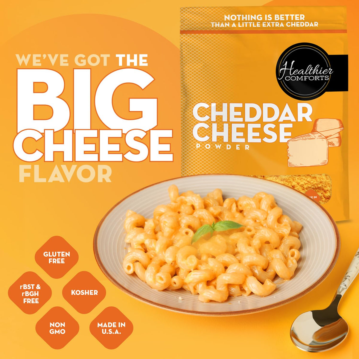 Healthier Comforts cheddar cheese powder dusted on popcorn for savory snack