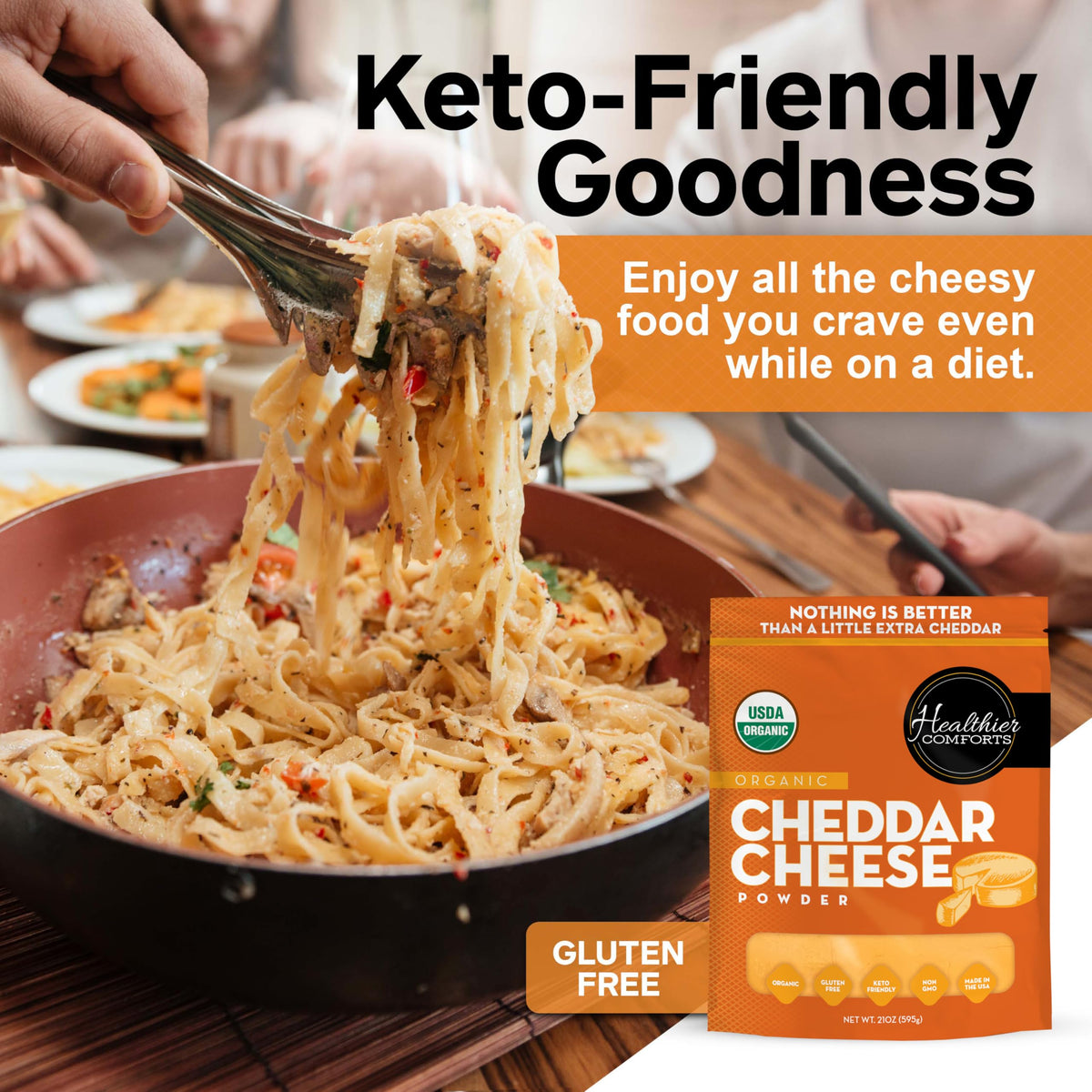 Healthier Comforts cheddar popcorn seasoning on popcorn surface