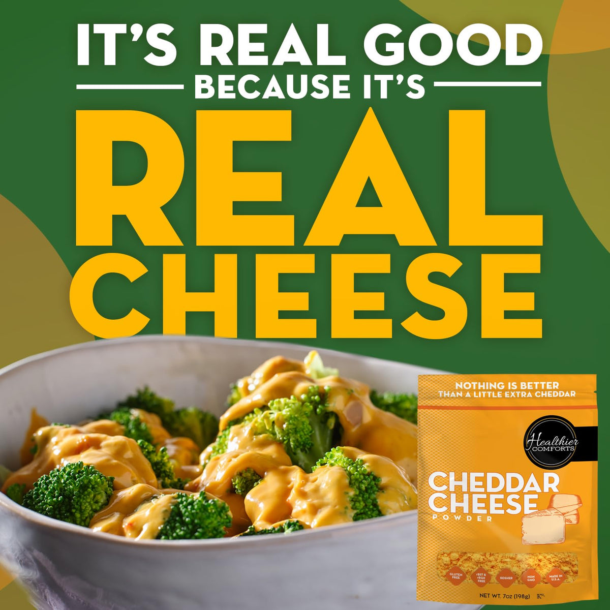 Healthier Comforts cheddar powder sprinkled on popcorn for a cheesy snack