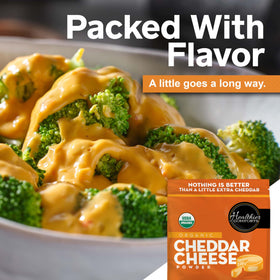 Healthier Comforts cheddar powder topping pasta dish