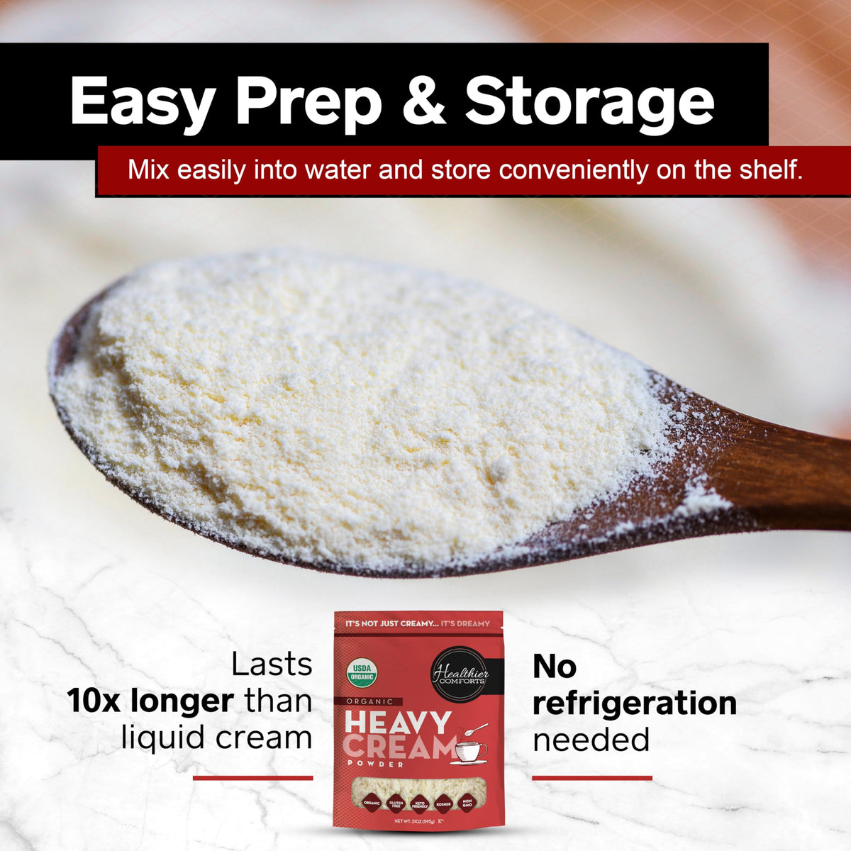 Healthier Comforts cream powder adds dessert creaminess to recipes.