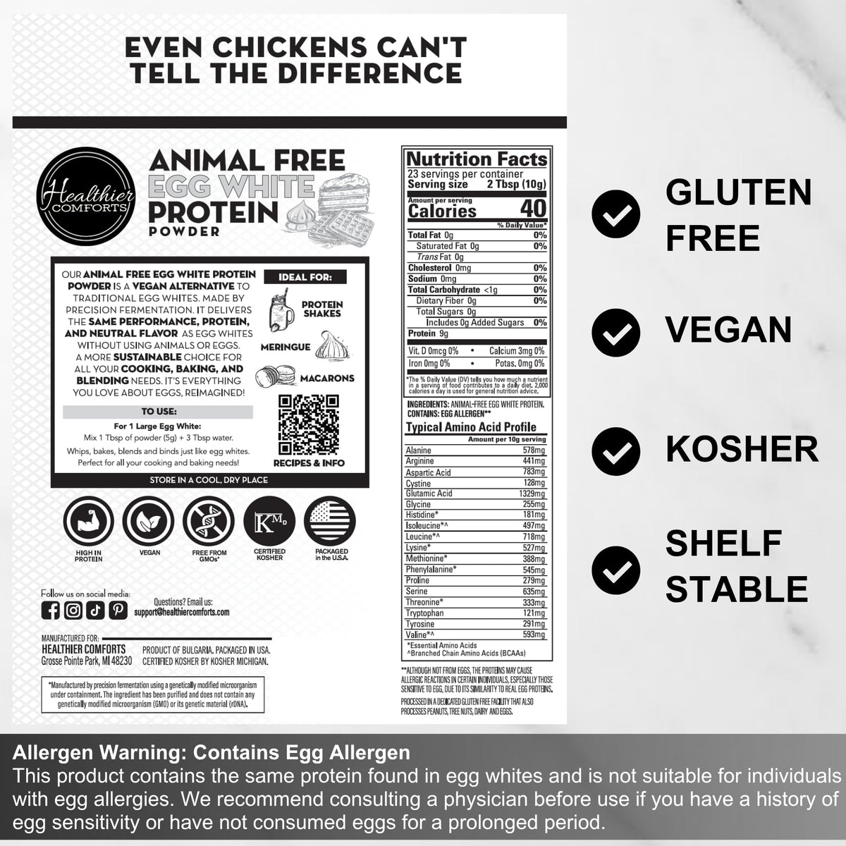 Healthier Comforts egg white powder for angel food cake batter with tender, fluffy rise.