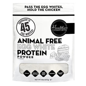 Healthier Comforts egg white powder bottle for versatile vegan protein in cooking and baking.