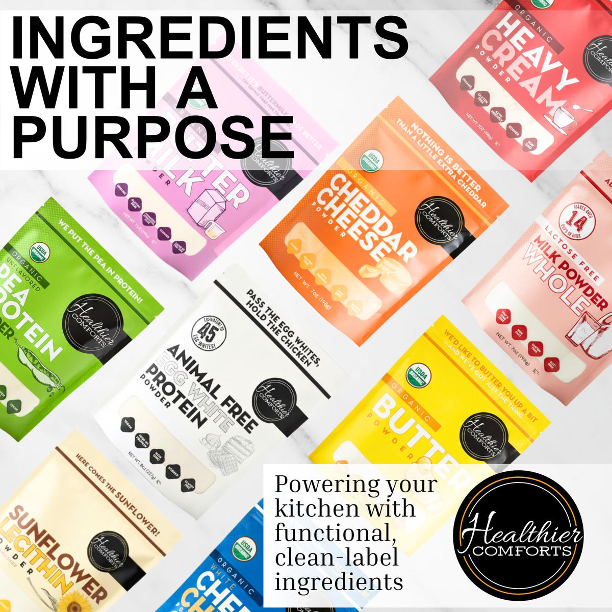 Healthier Comforts egg white powder shake mix supports protein-rich beverages.