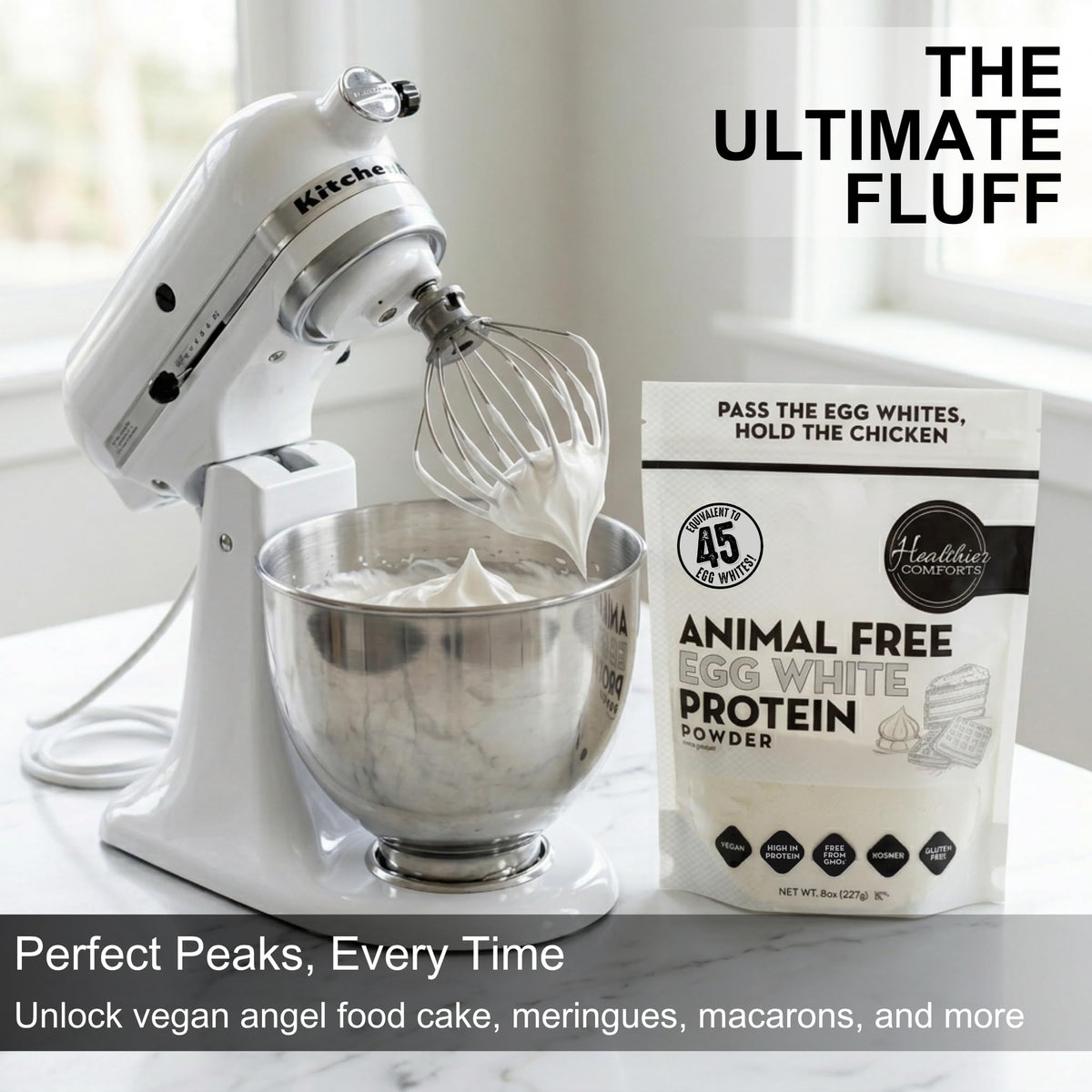 Healthier Comforts egg white powder with whisk illustrating whipped textures for desserts.