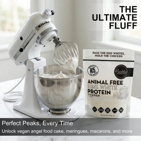 Healthier Comforts egg white powder with whisk illustrating whipped textures for desserts.