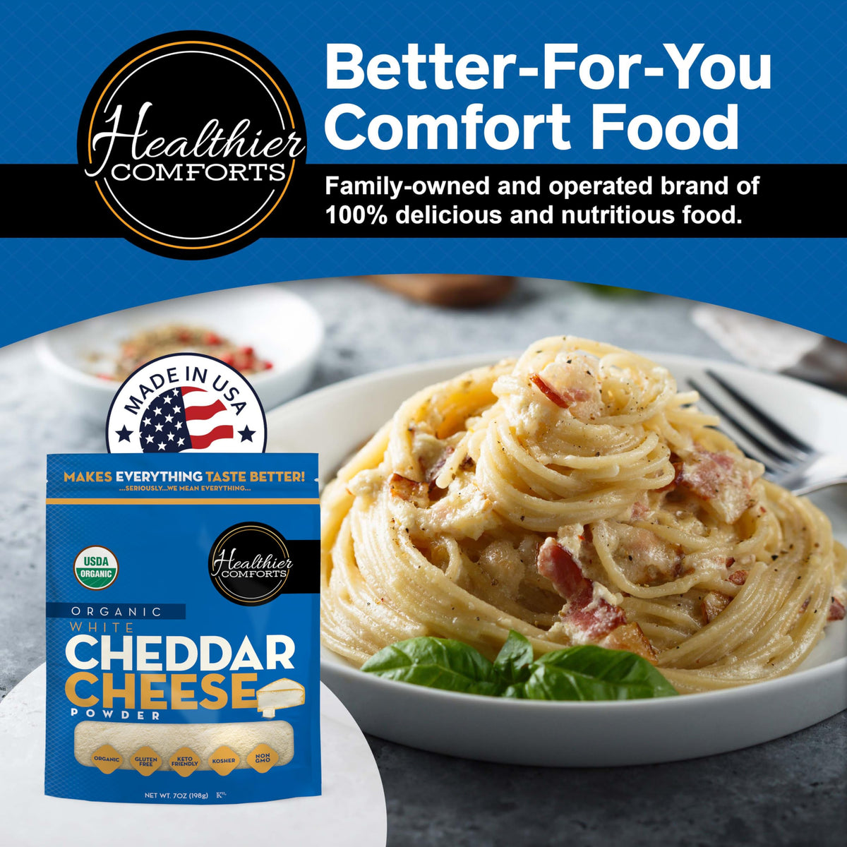 Healthier Comforts Organic White Cheddar Powder enhances gluten-free recipes