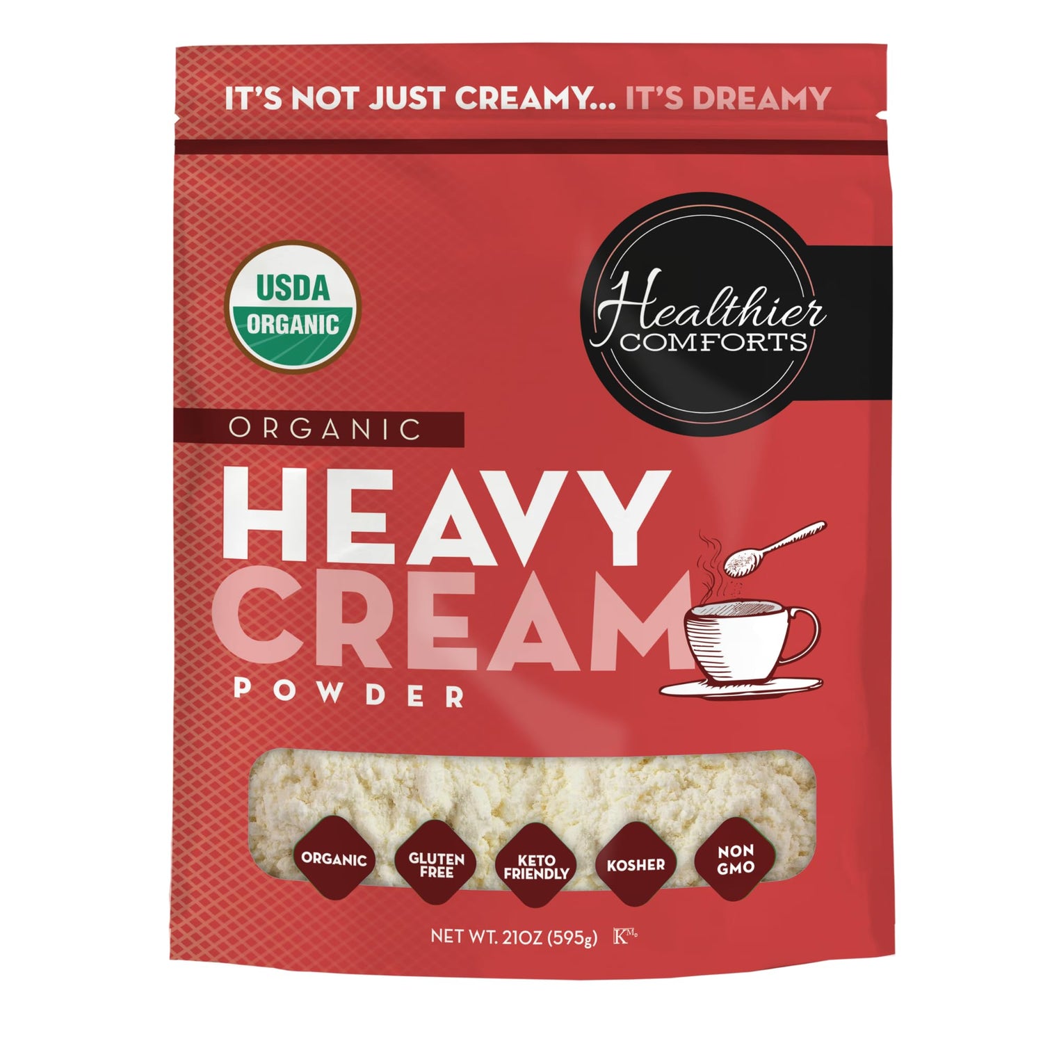 Healthier Comforts heavy cream powder 21oz container for shelf-stable dairy convenience.