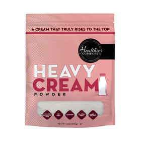 Healthier Comforts heavy cream powder bottle pour highlights creamy texture for desserts