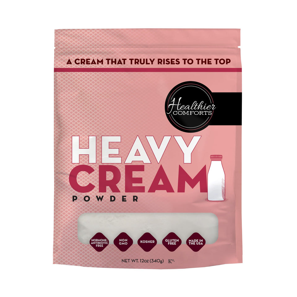 Healthier Comforts heavy cream powder bottle pour highlights creamy texture for desserts