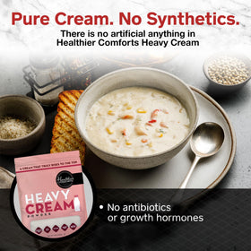 Healthier Comforts heavy cream powder sealed bag emphasizes long shelf life for pantry storage