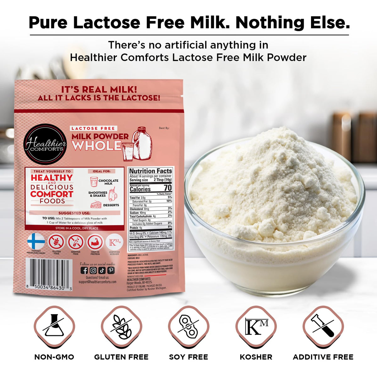 Healthier Comforts lactose-free milk powder in baking dough for desserts.