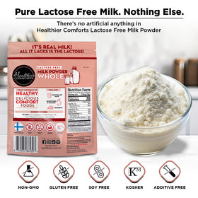 Healthier Comforts lactose free milk powder alongside baking ingredients for easy recipes.