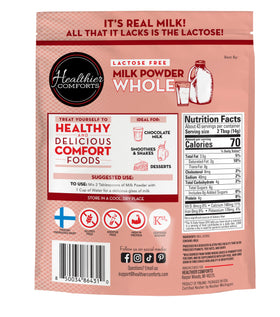 Healthier Comforts lactose free milk powder in a bowl to show creamy texture.