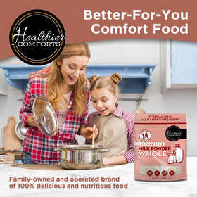 Nutrition label highlighting non-GMO and rBST free on Healthier Comforts milk powder.