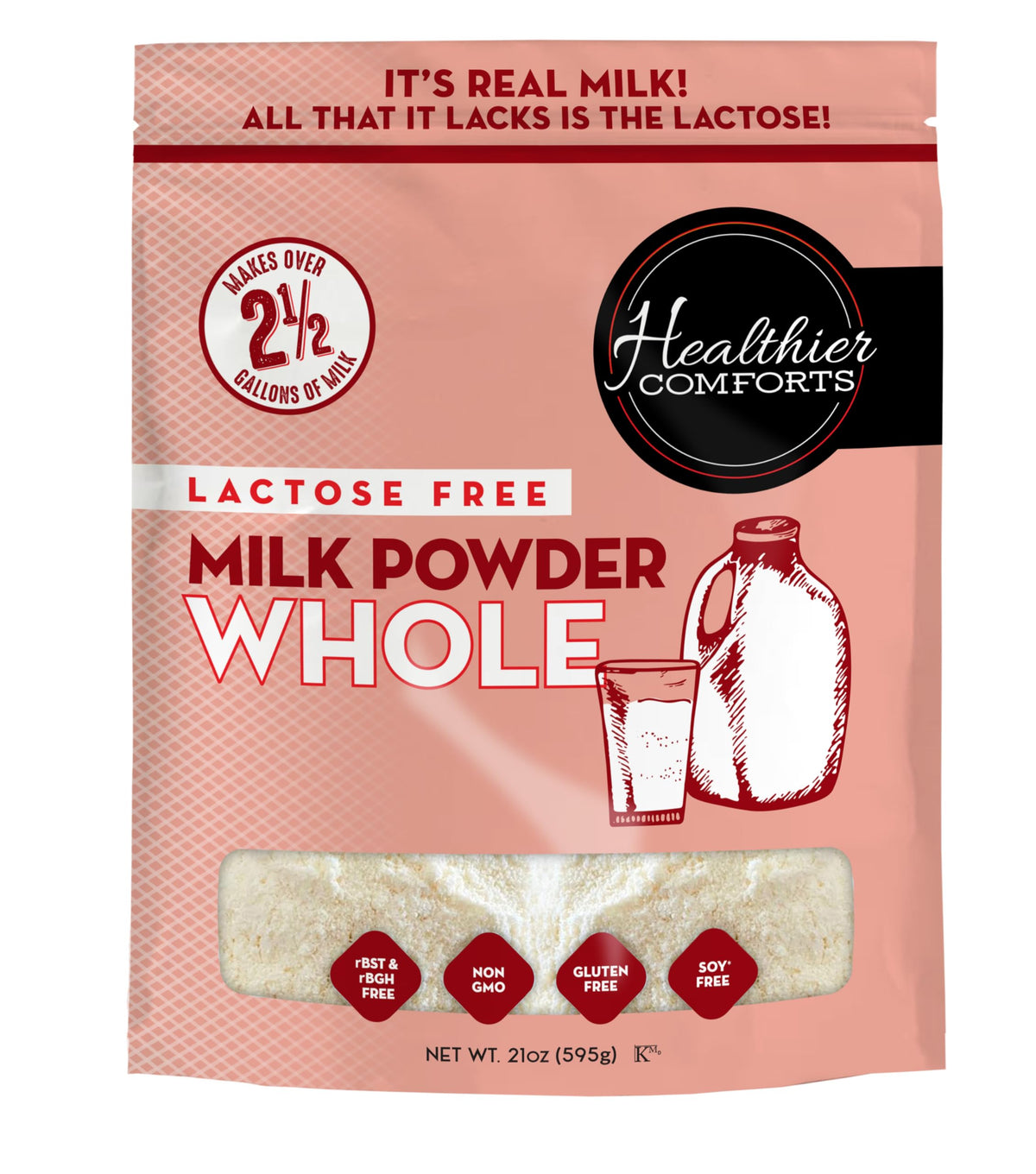 Healthier Comforts lactose free milk powder packaging in resealable bag for pantry storage.