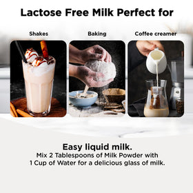 Healthier Comforts lactose-free milk powder stored in pantry for quick meals.