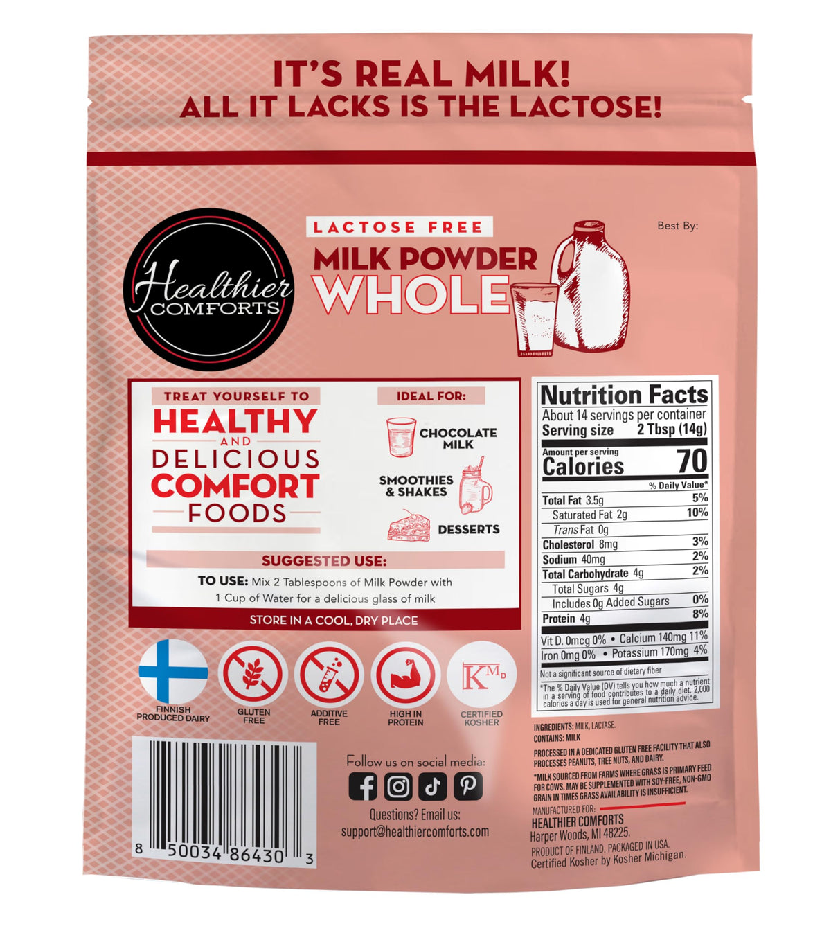 Healthier Comforts lactose-free milk powder poured into a cup.