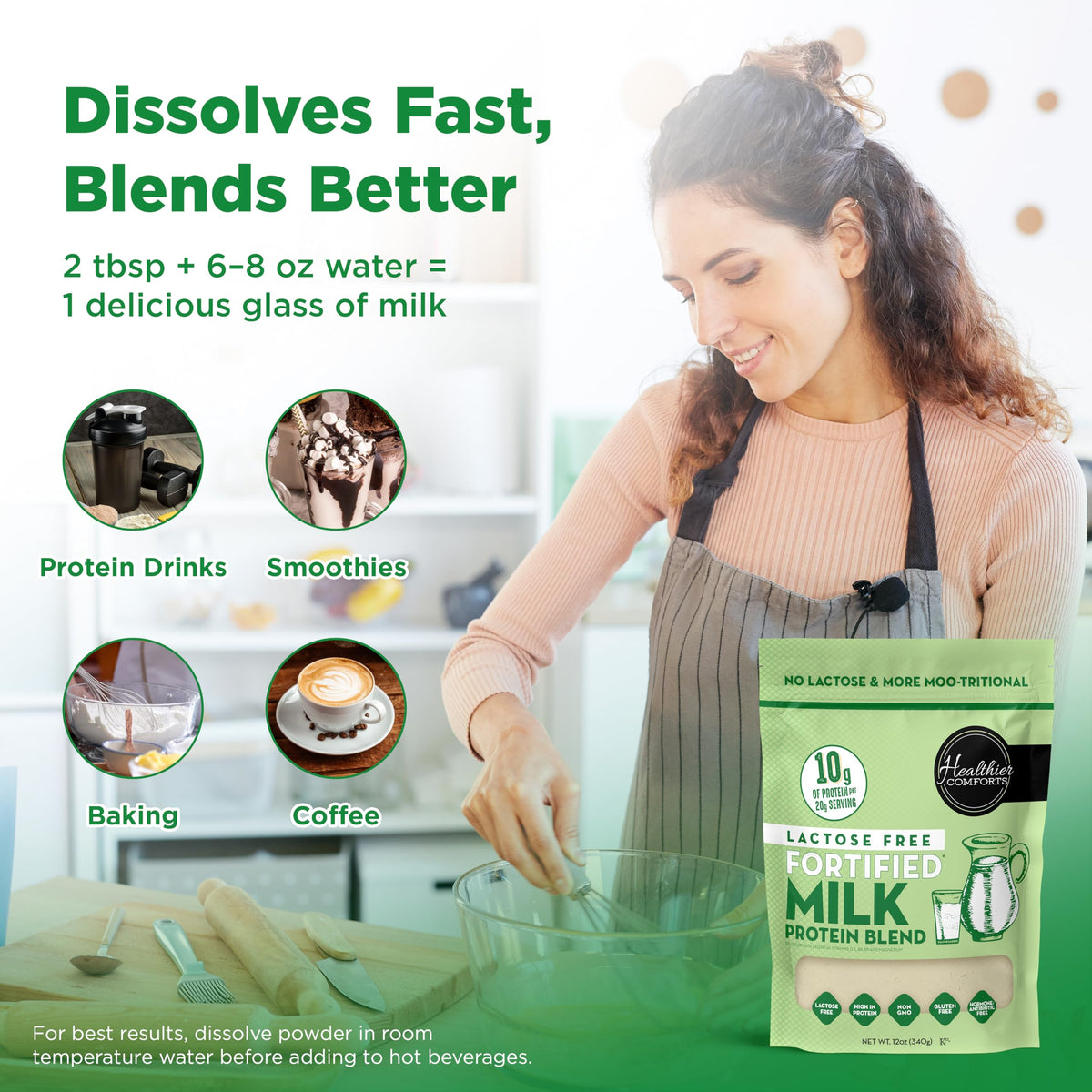 Healthier Comforts lactose-free powder used in baking, enhancing muffins with protein.