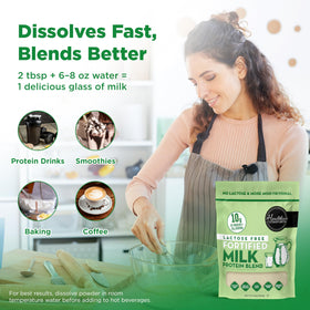 Healthier Comforts lactose-free powder used in baking, enhancing muffins with protein.