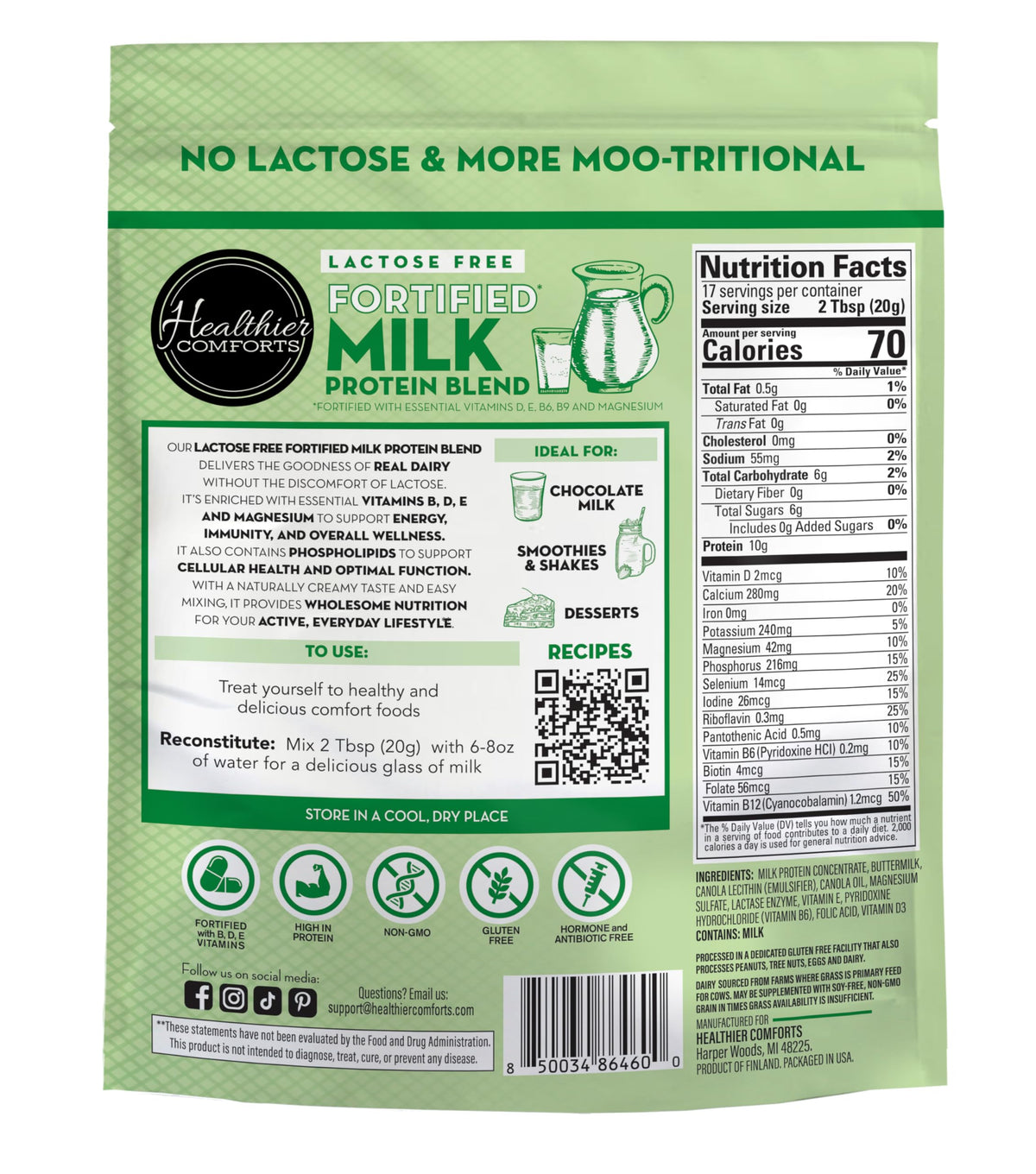 Healthier Comforts milk protein powder on kitchen counter with measuring cup, ideal for protein-boosted recipes.