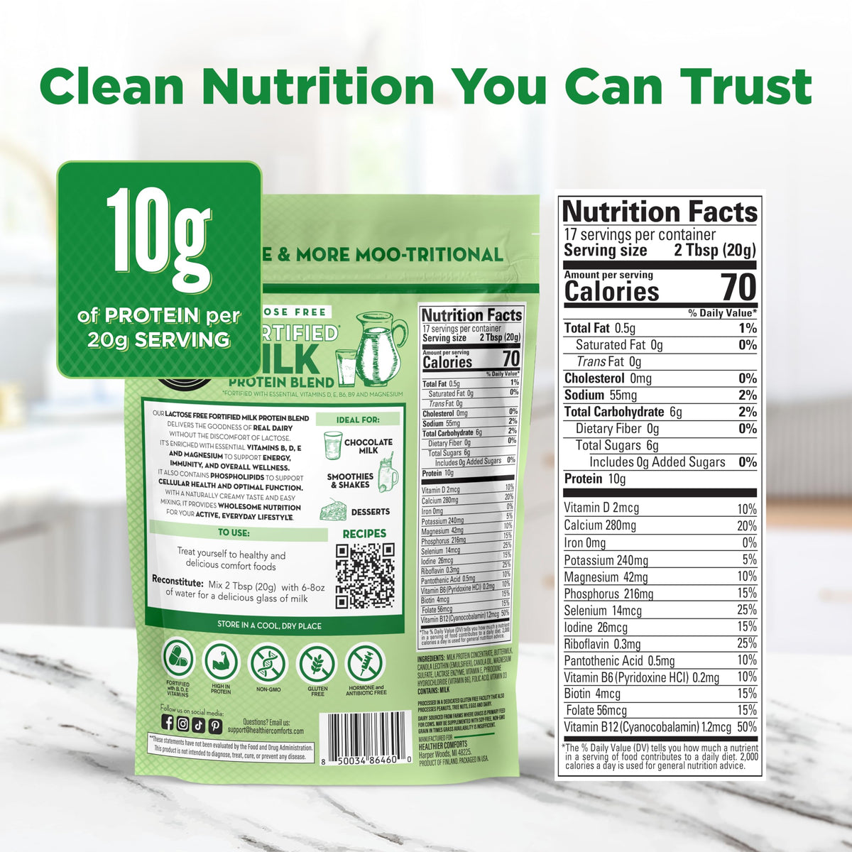 Healthier Comforts lactose-free milk protein powder mixed shake, creamy texture in a glass.