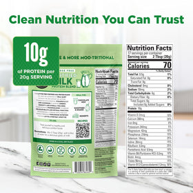 Healthier Comforts lactose-free milk protein powder mixed shake, creamy texture in a glass.