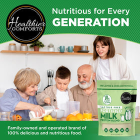 Healthier Comforts nutrition label on packaging, vitamins B, D, E and non-GMO.