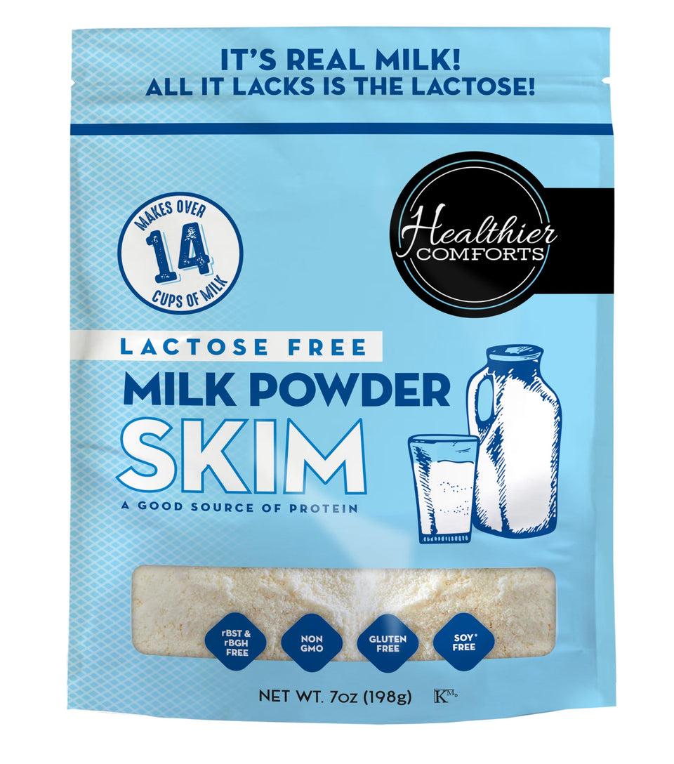 Healthier Comforts lactose-free skim milk powder on a shelf, pantry staple.