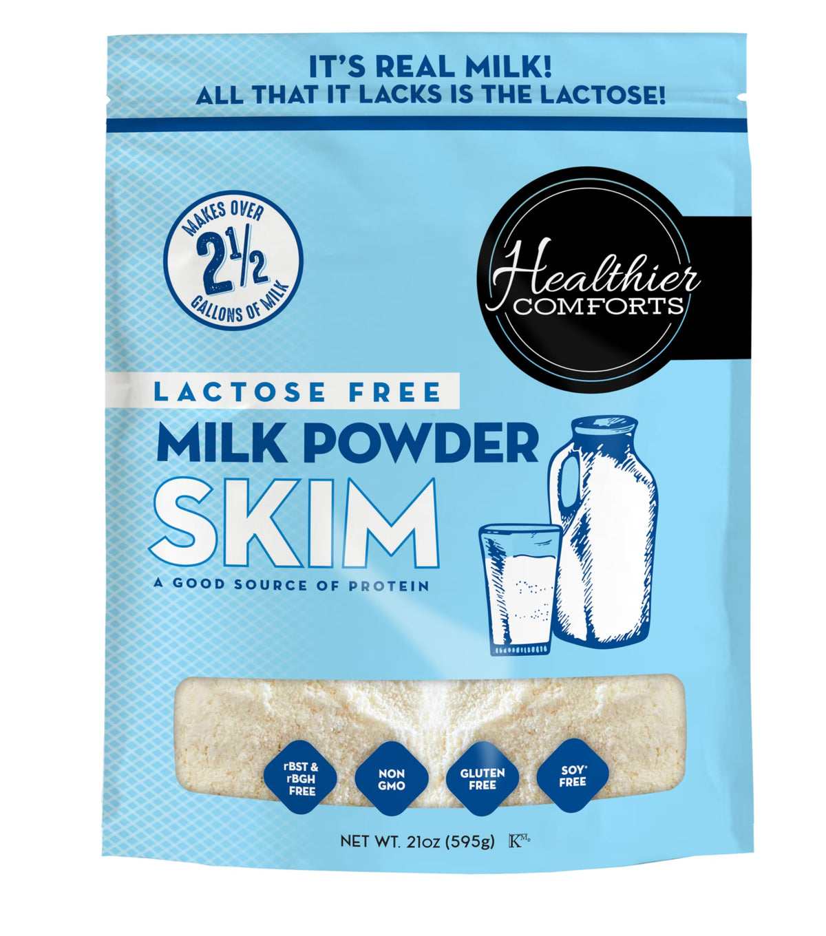 Healthier Comforts lactose-free skim milk powder in a bag for convenient pantry storage